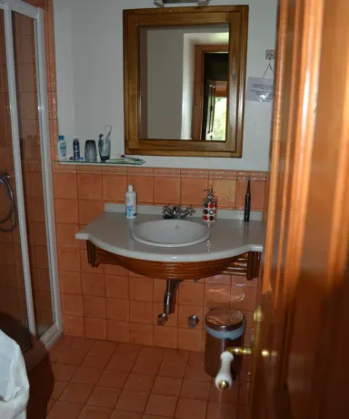 Habitación 2: vista parcial del baño con lavabo, espejo y ducha